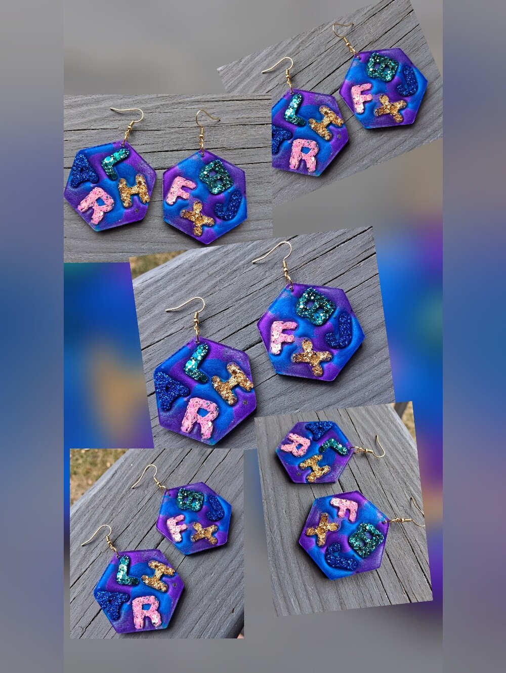 Handmade Glittery Alphabet Letter Hexagon Statement Earrings Teacher Gift